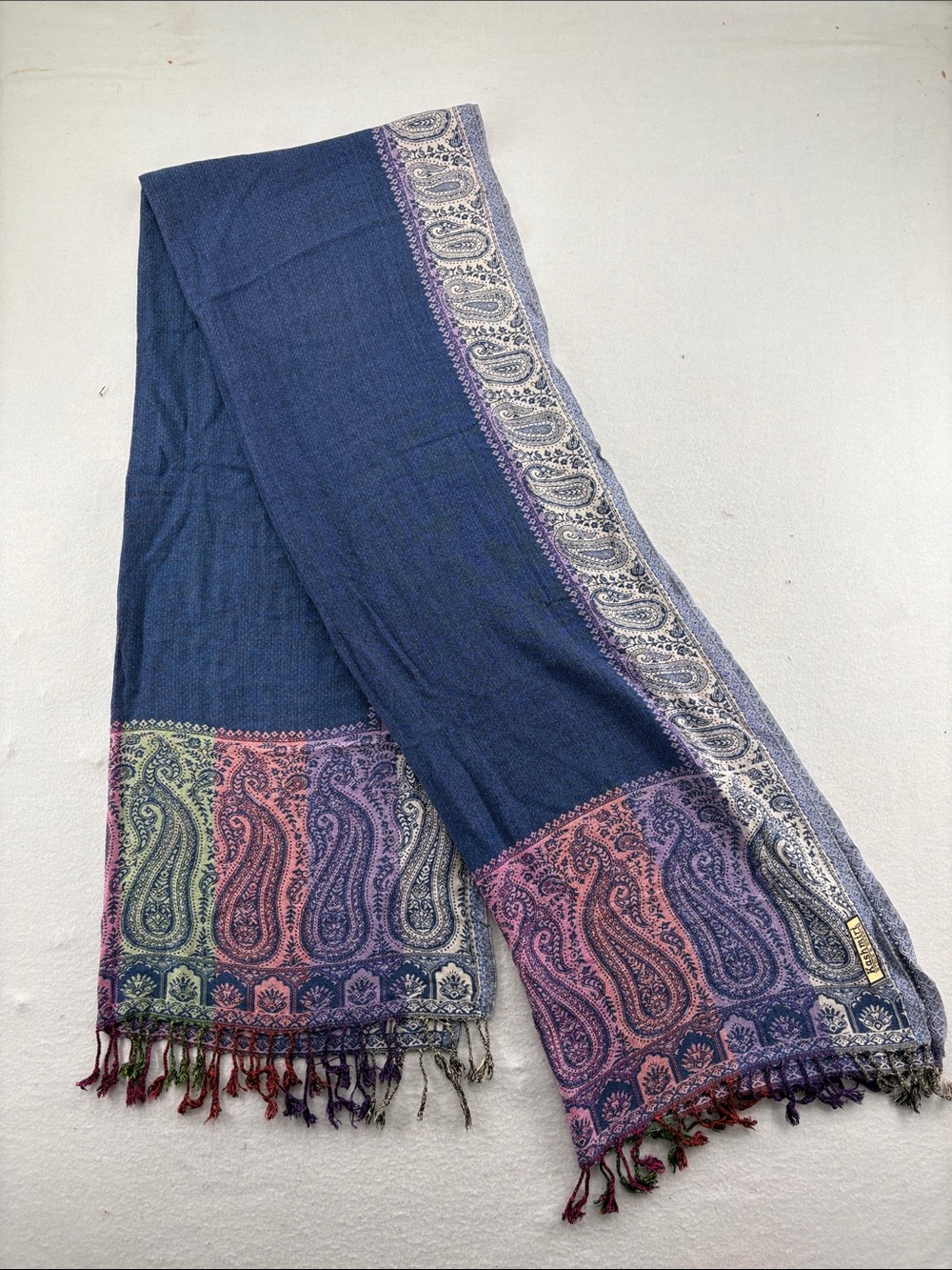 Paisley Border Woven Wrap Scarf - Blue